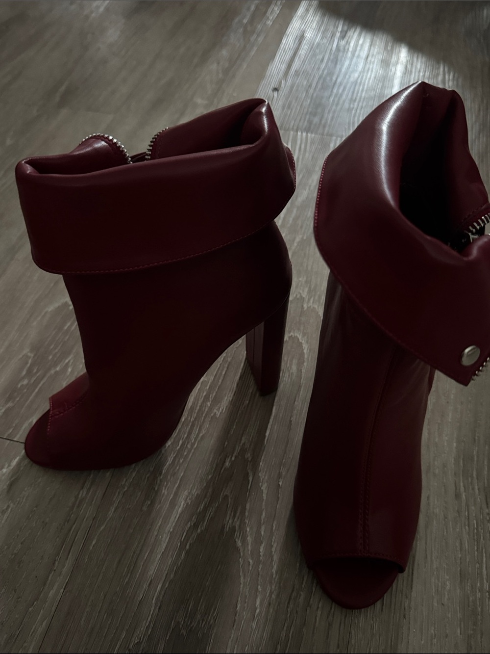 Liliana Fold-Over Peep-Toe Heeled Boots in Burgundy